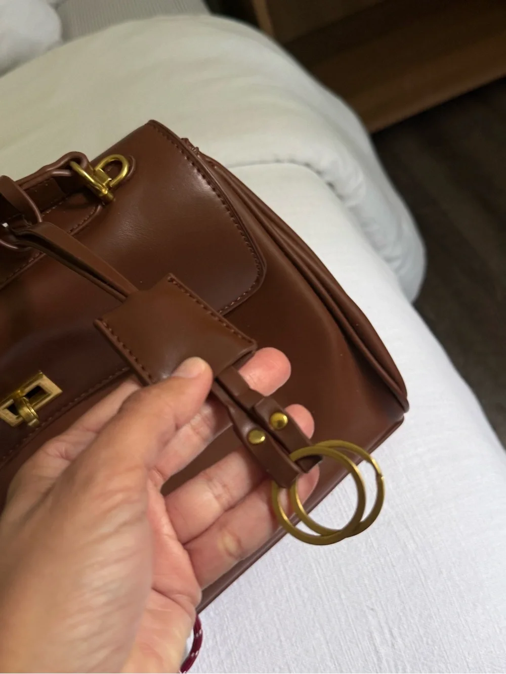Chocolate Brown Expandable Shoulder Bag w/ Charms & Gold Hardware